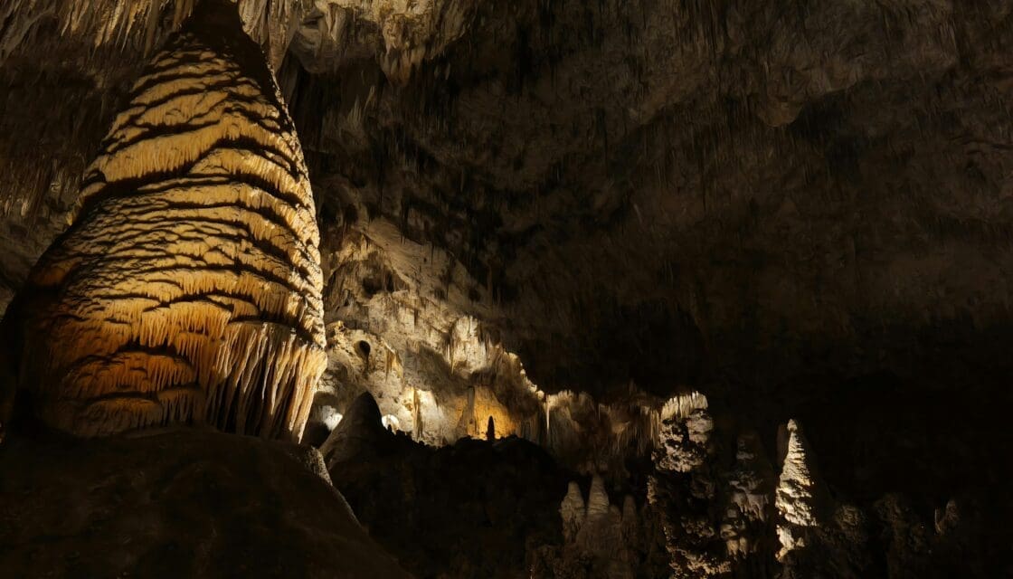Stunning limestone stalactite rock formations inside Carlsbad Caverns National Park, a UNESCO World Heritage Site in New Mexico