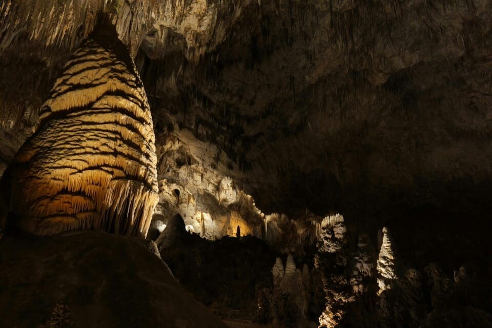 Stunning limestone stalactite rock formations inside Carlsbad Caverns National Park, a UNESCO World Heritage Site in New Mexico