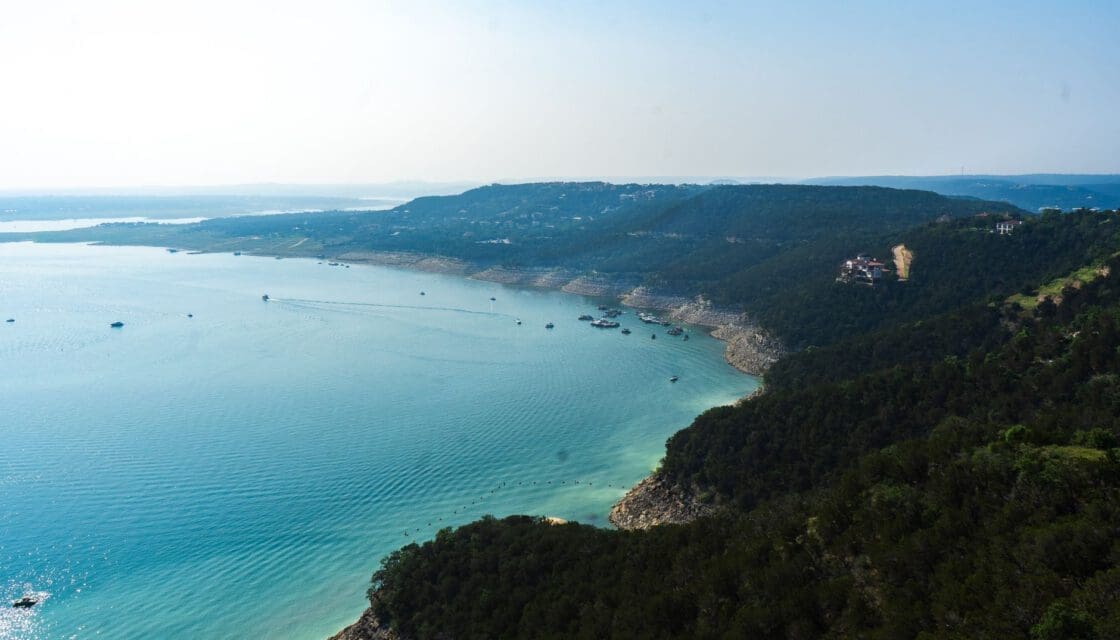 Canyon Lake Texas with kids — aerial view of Hill Country lake and rolling hills