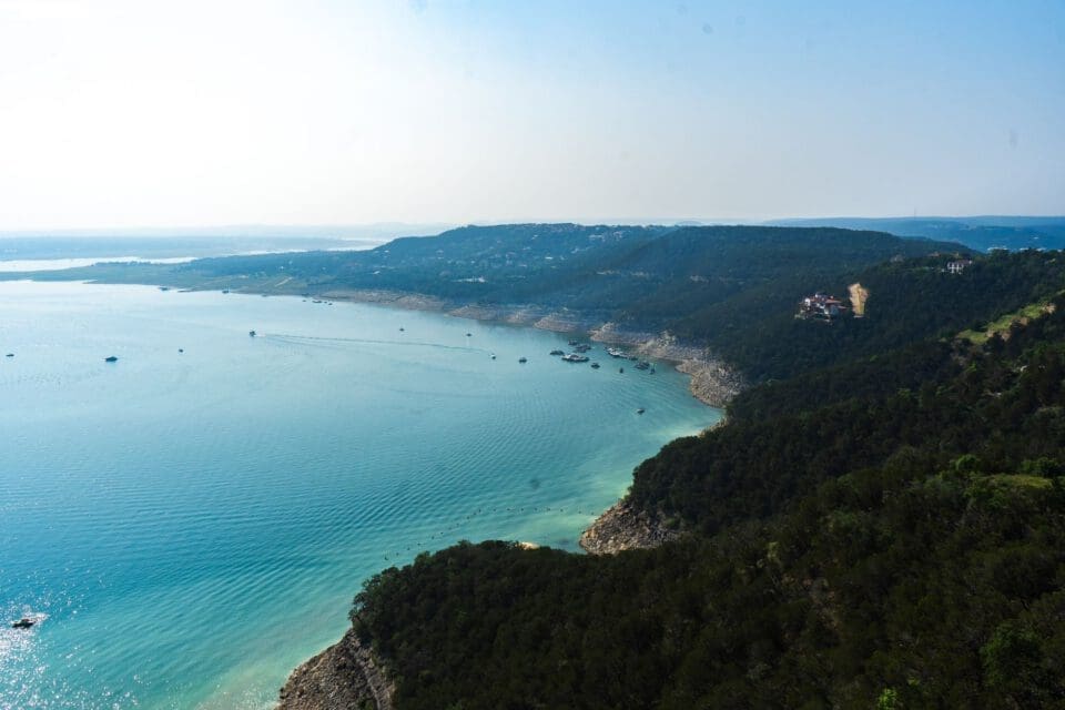 Canyon Lake Texas with kids — aerial view of Hill Country lake and rolling hills